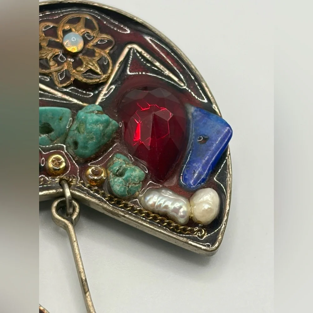 Vintage Artist Signed Handmade Mixed Media Boho Artsy Dangle Brooch Pin